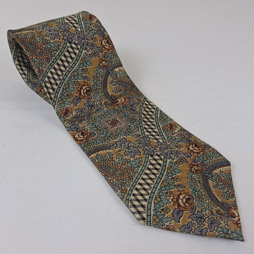 Villa Bugatti Men's Tie 100% Italian Silk Paisley Floral Gold Blue Green Black